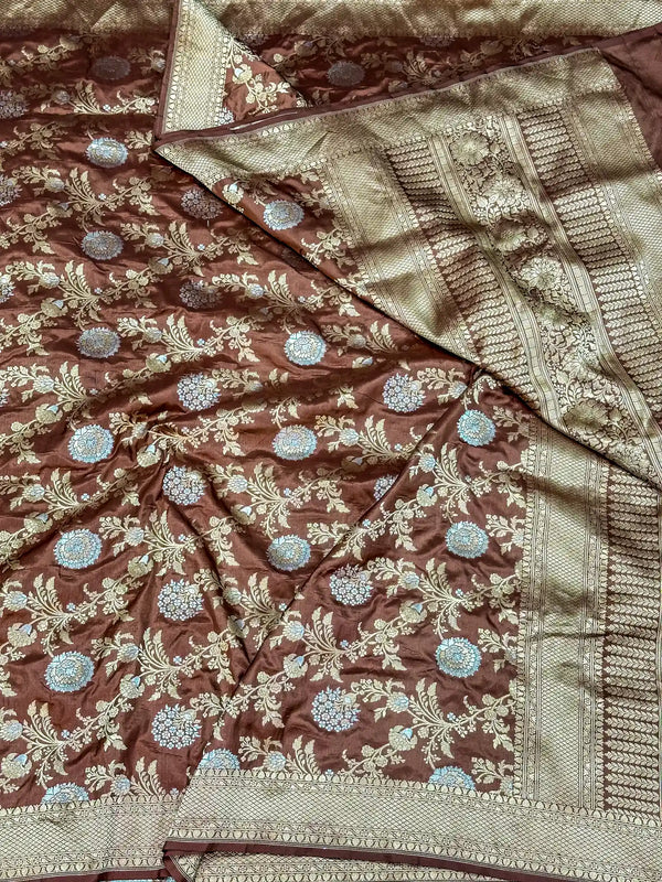 Coffee Brown Silver Zari Weave Pure Katan Silk Saree