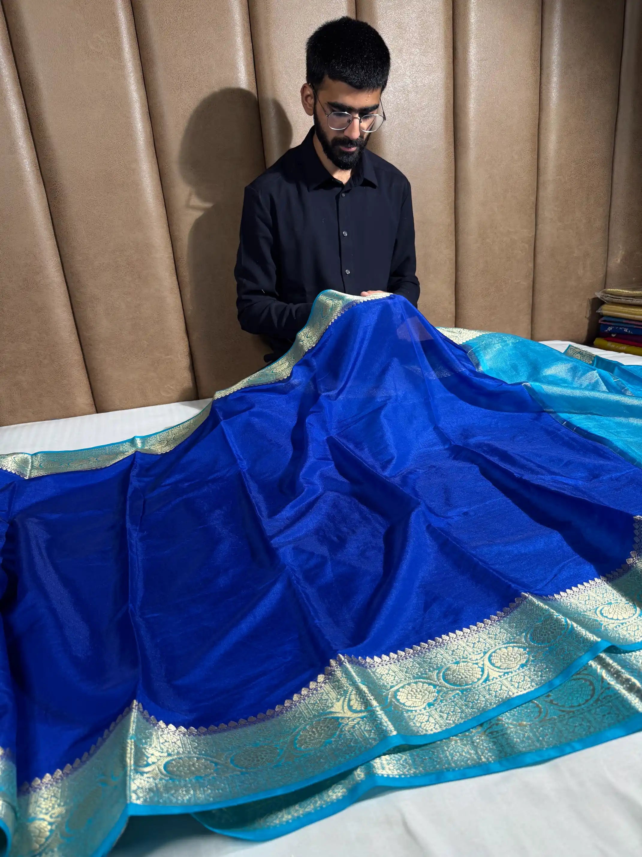 Contrast Royal Blue Mysore Crepe Silk Banarasi Saree
