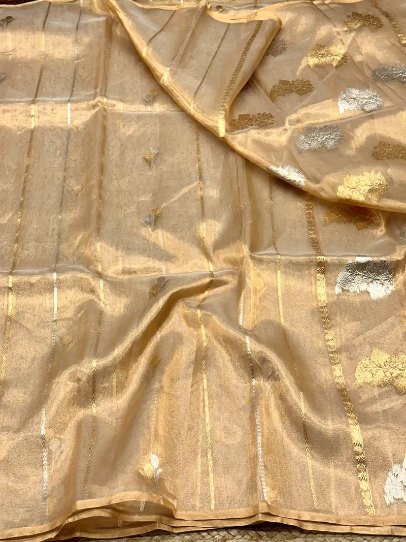 Copper Gold Handloom Kadhua Weave Pure Tissue Silk Saree