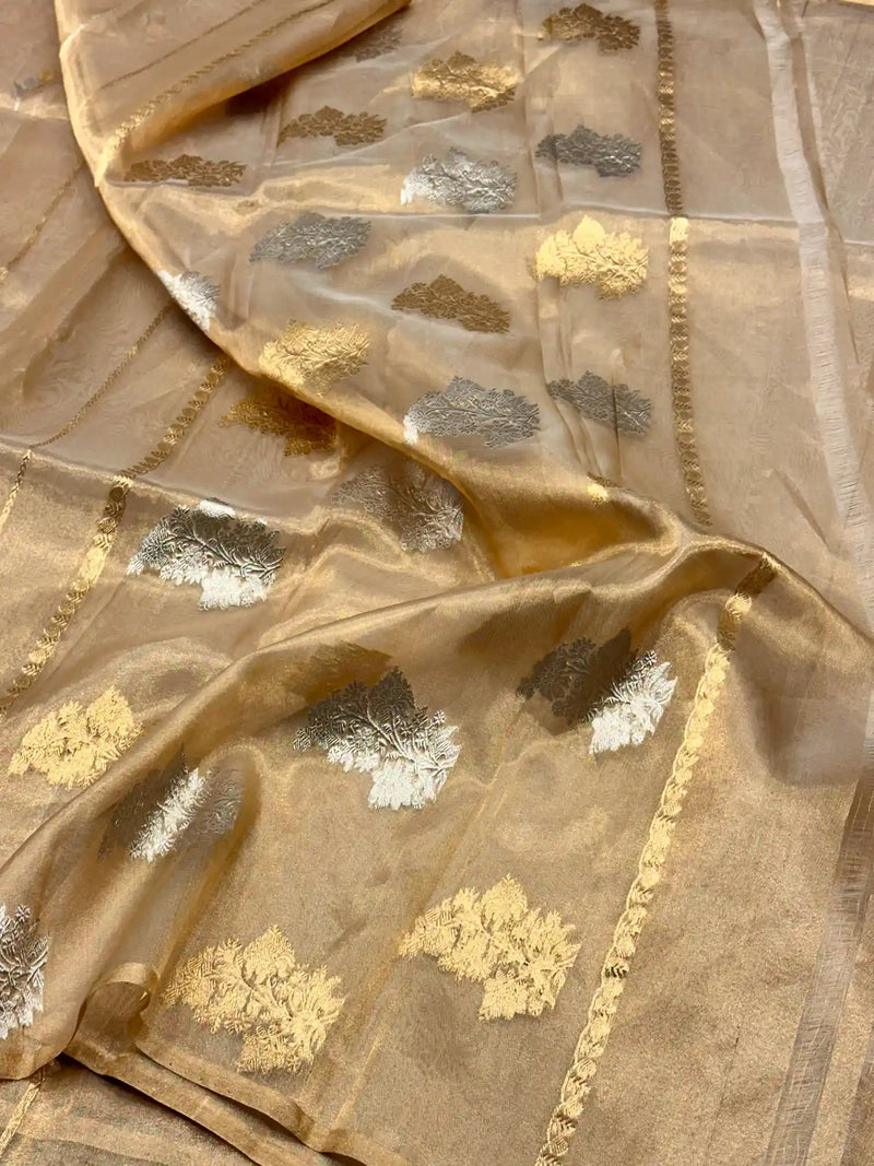 Copper Gold Handloom Kadhua Weave Pure Tissue Silk Saree