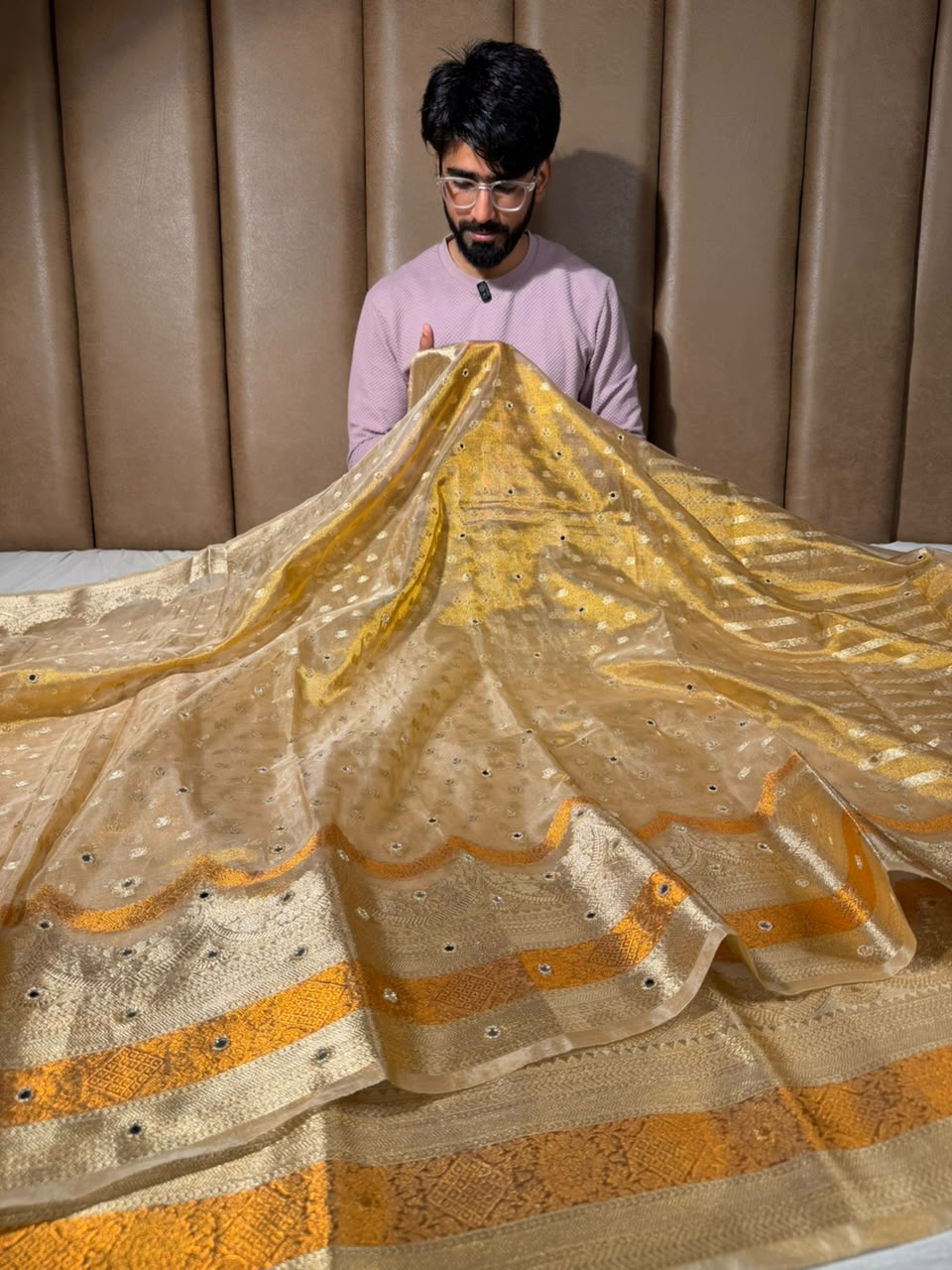 Copper Gold Kora Tissue Silk Mirror Work Saree