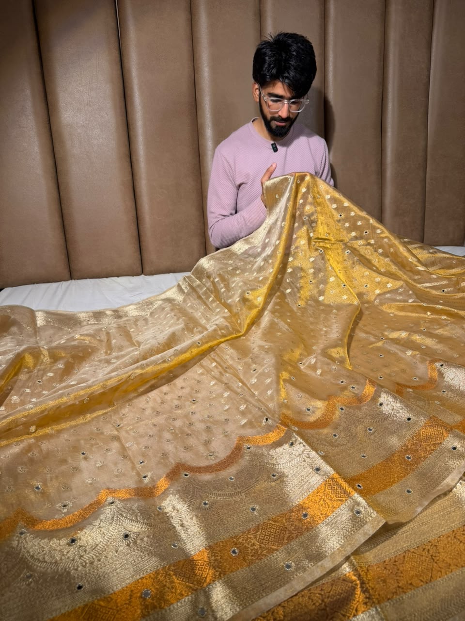 Copper Gold Kora Tissue Silk Mirror Work Saree