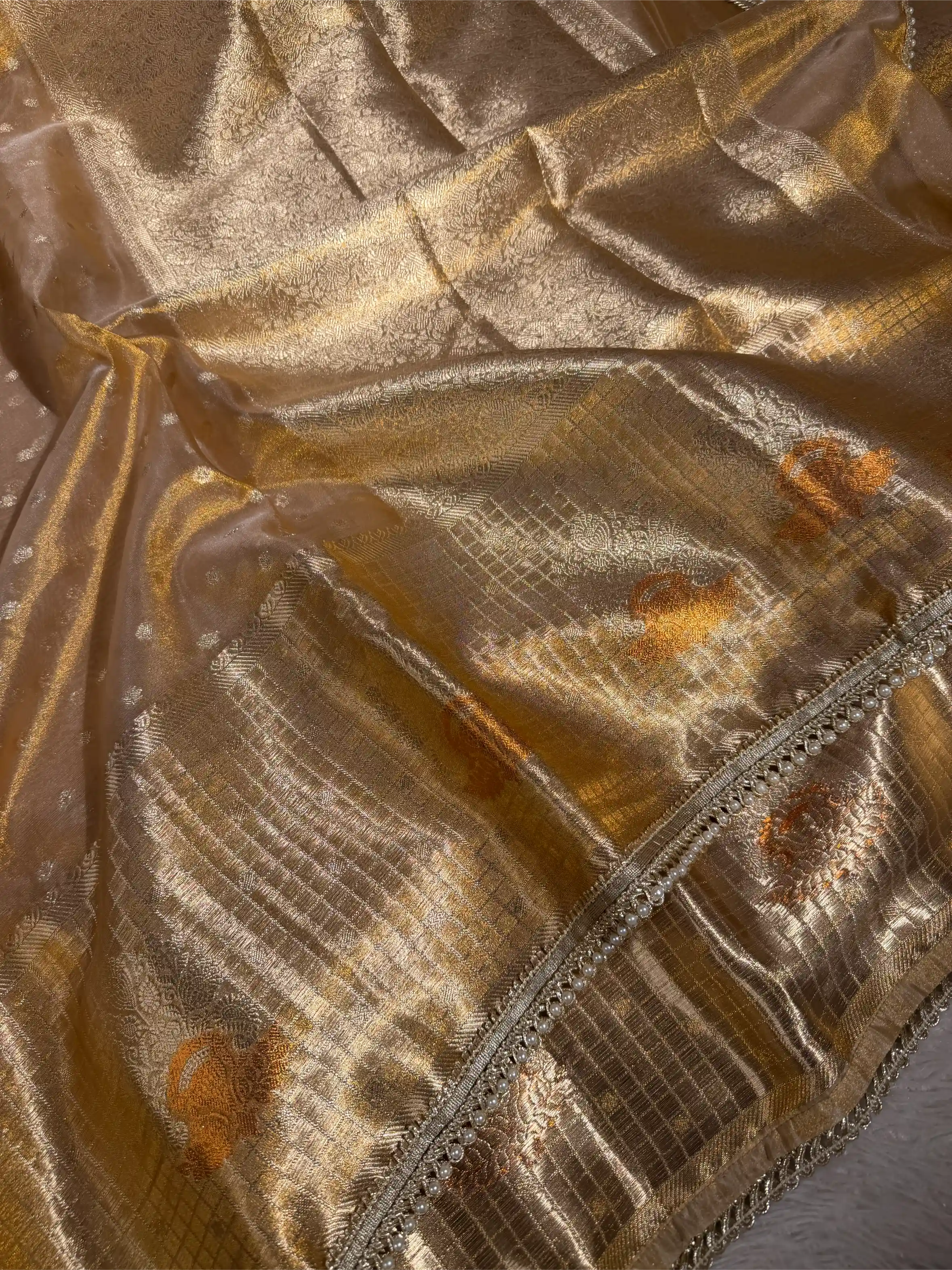 Copper Tissue Silk Checked Border Designer Banarasi Saree