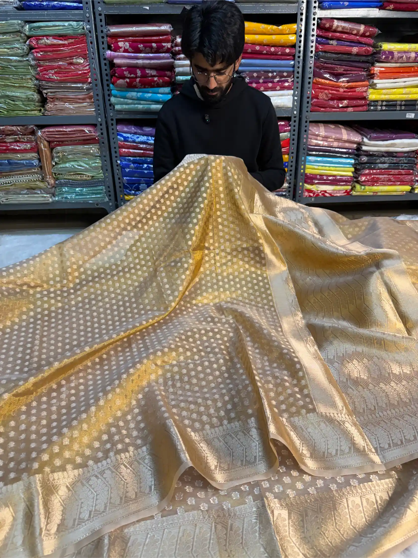 Copper Tissue Silk Khaddi Buti Banarasi Saree 