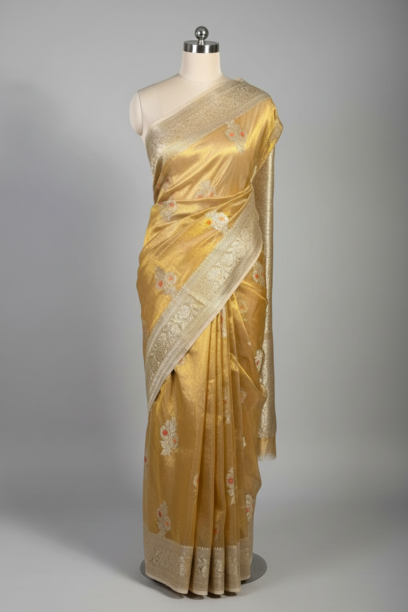 Copper Tissue Silk Meenkari Saree with rich pallu and blouse