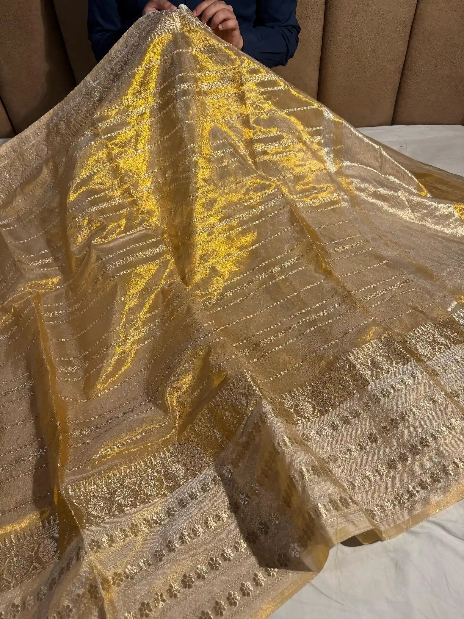 Copper Tissue Silk Stripe Weave Pattern Banarasi Saree