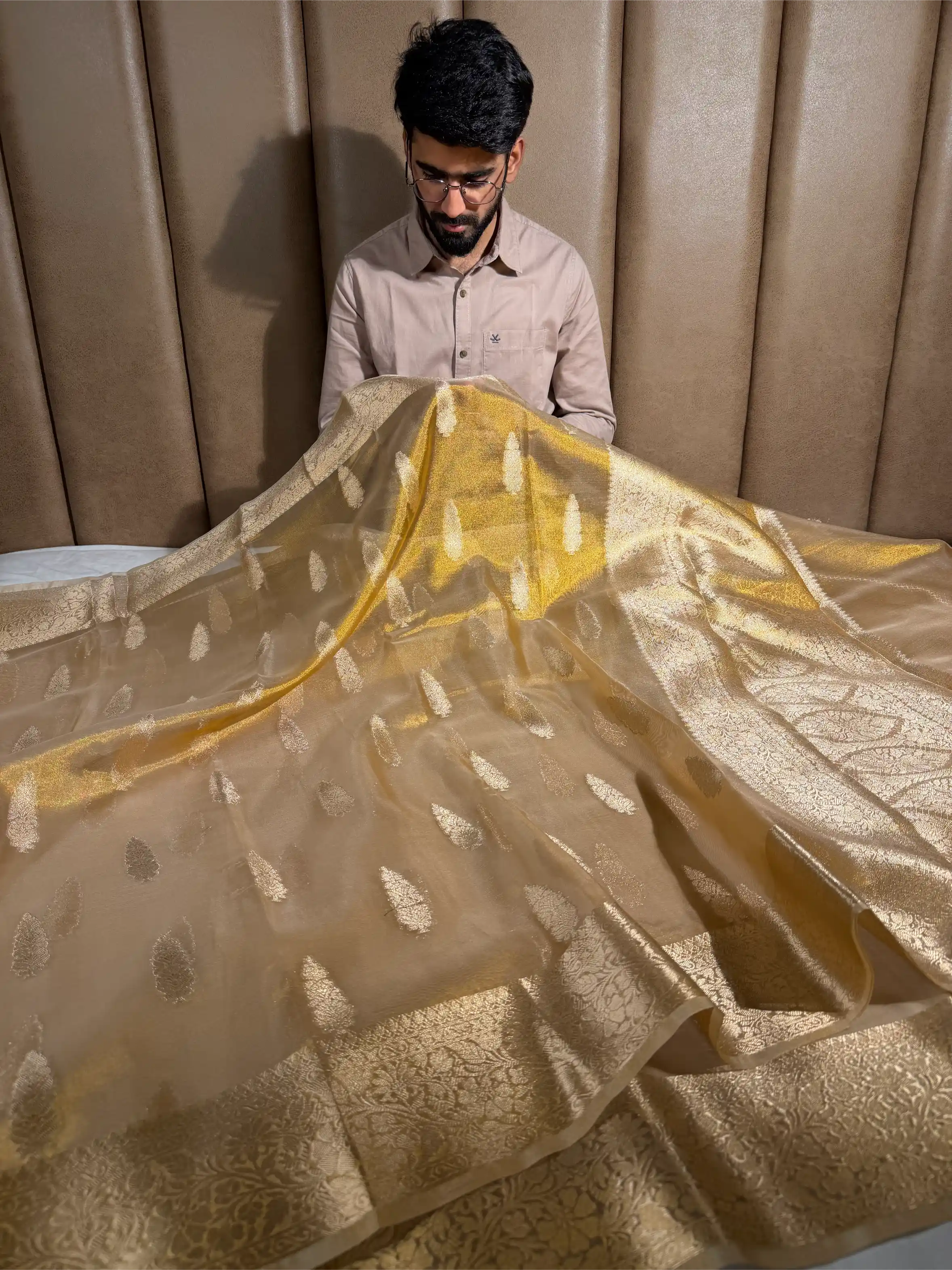 Copper Tissue Silk Traditional Buta Pattern Banarasi Saree