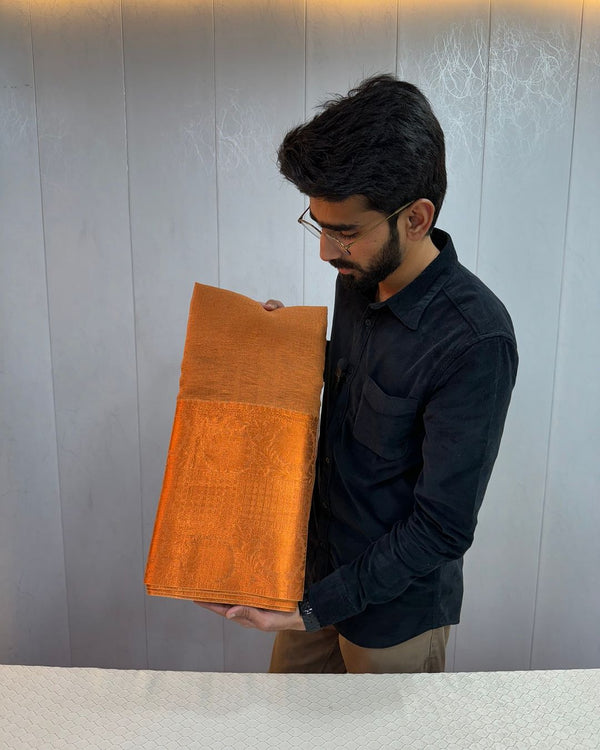 Copper Crush Tissue Silk Floral Jacquard Banarasi Border Saree