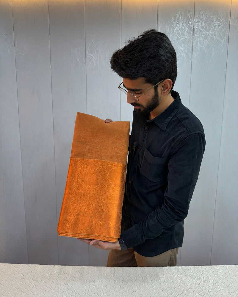 Copper Crush Tissue Silk Floral Jacquard Banarasi Border Saree