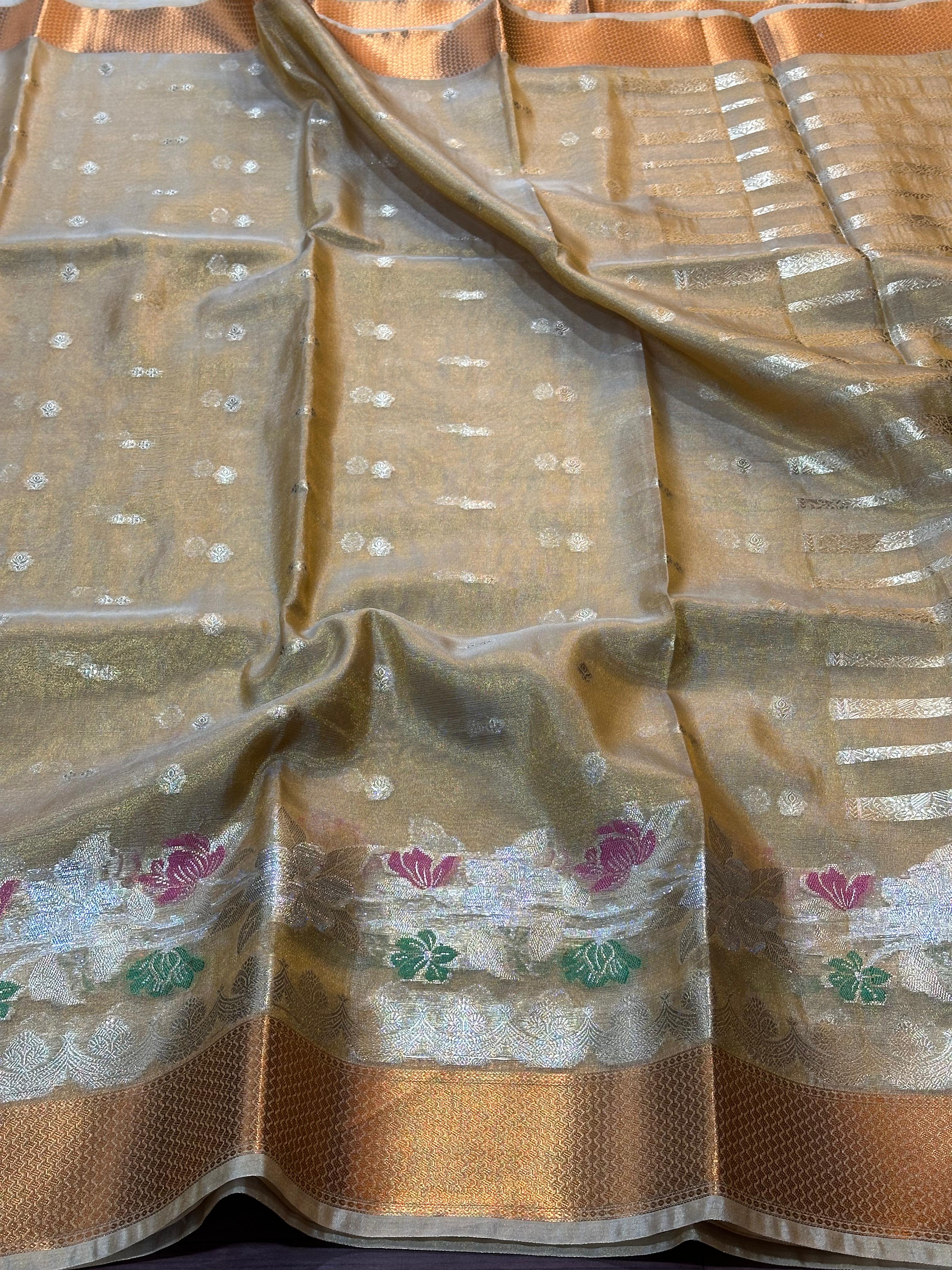 Copper Tissue Silk Alfi Floral Border Weave Banarasi Saree