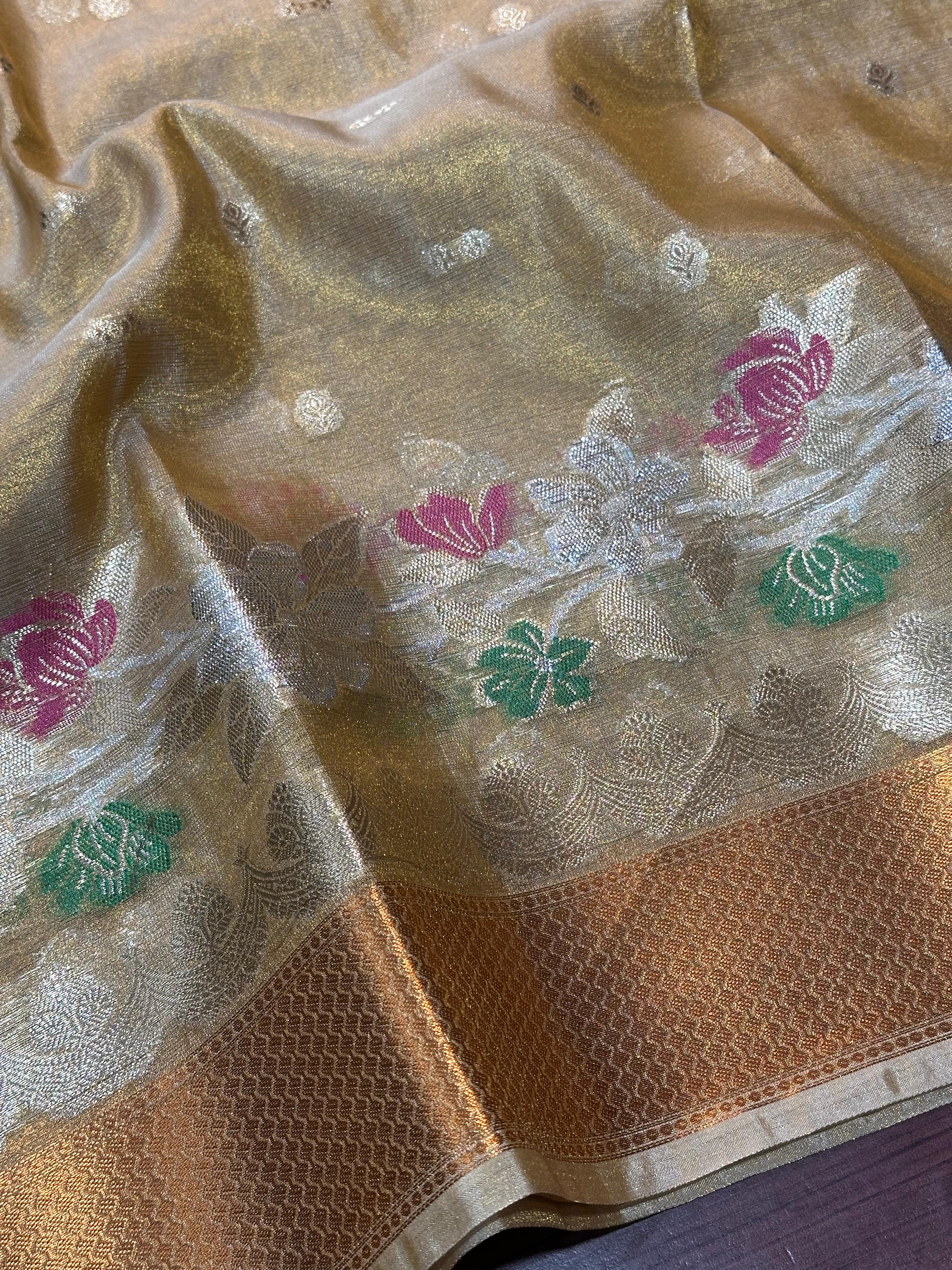 Copper Tissue Silk Alfi Floral Border Weave Banarasi Saree