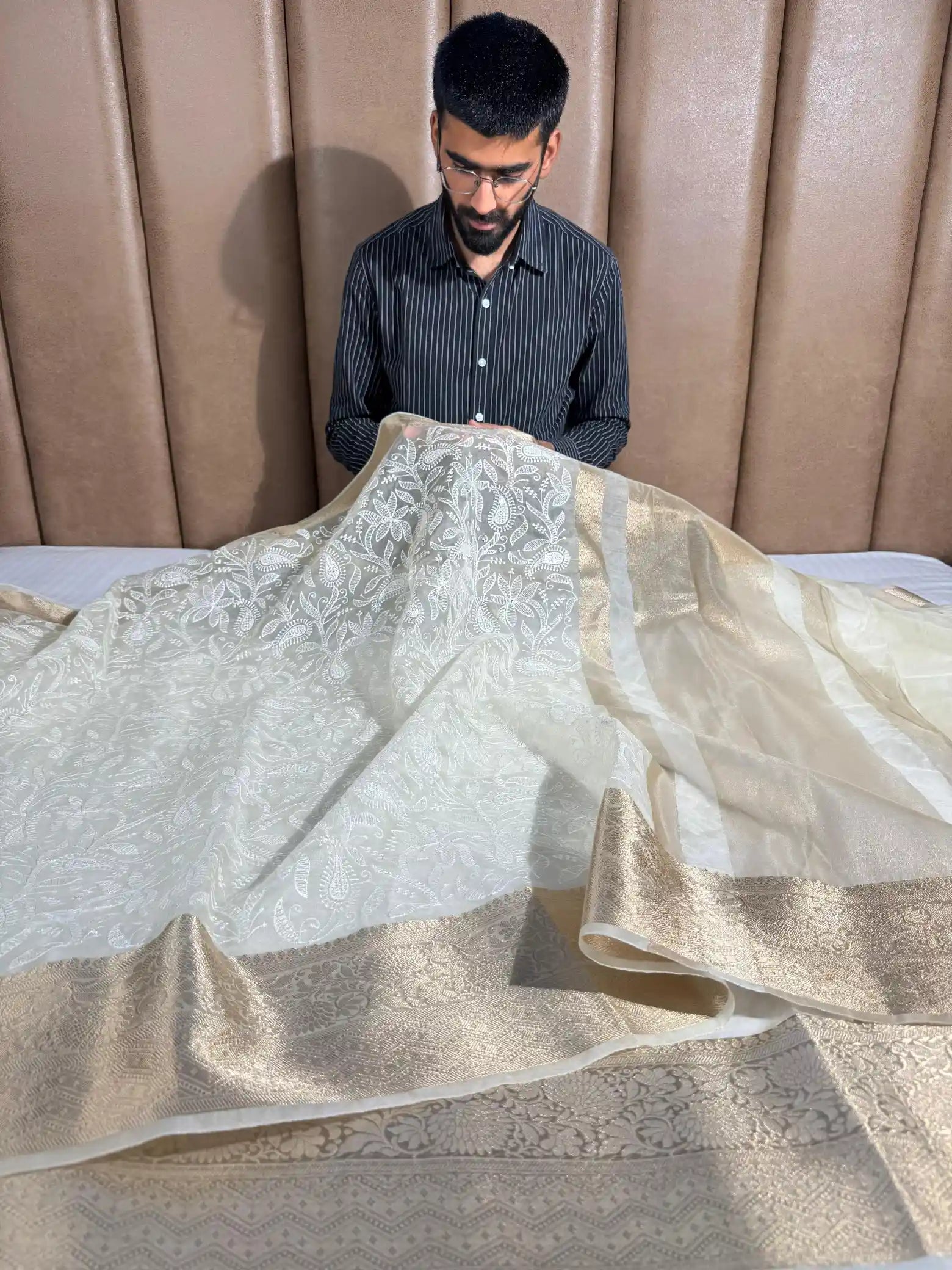 Cream Organza Silk Banarasi Chikankari Saree