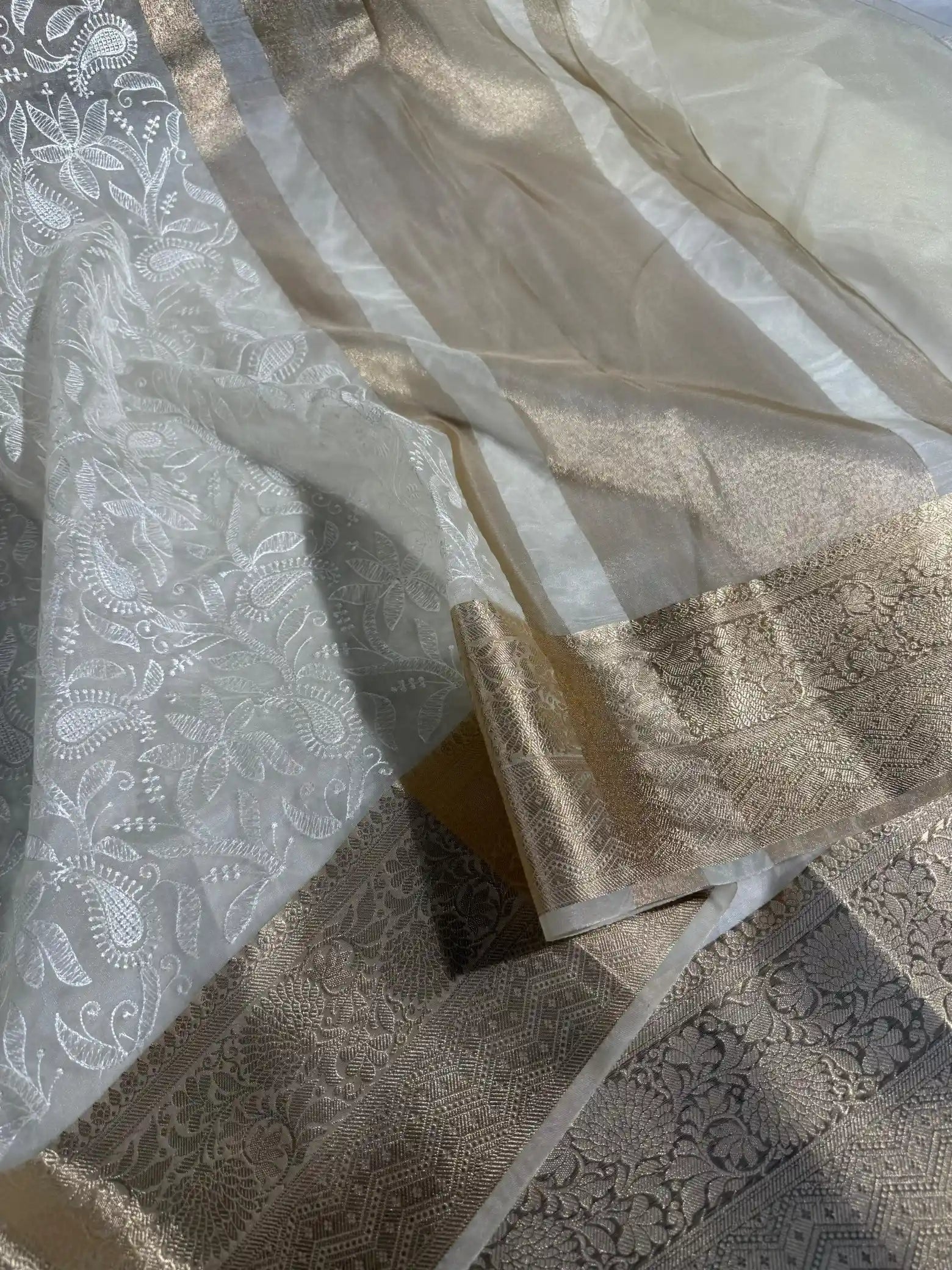 Cream Organza Silk Banarasi Chikankari Saree