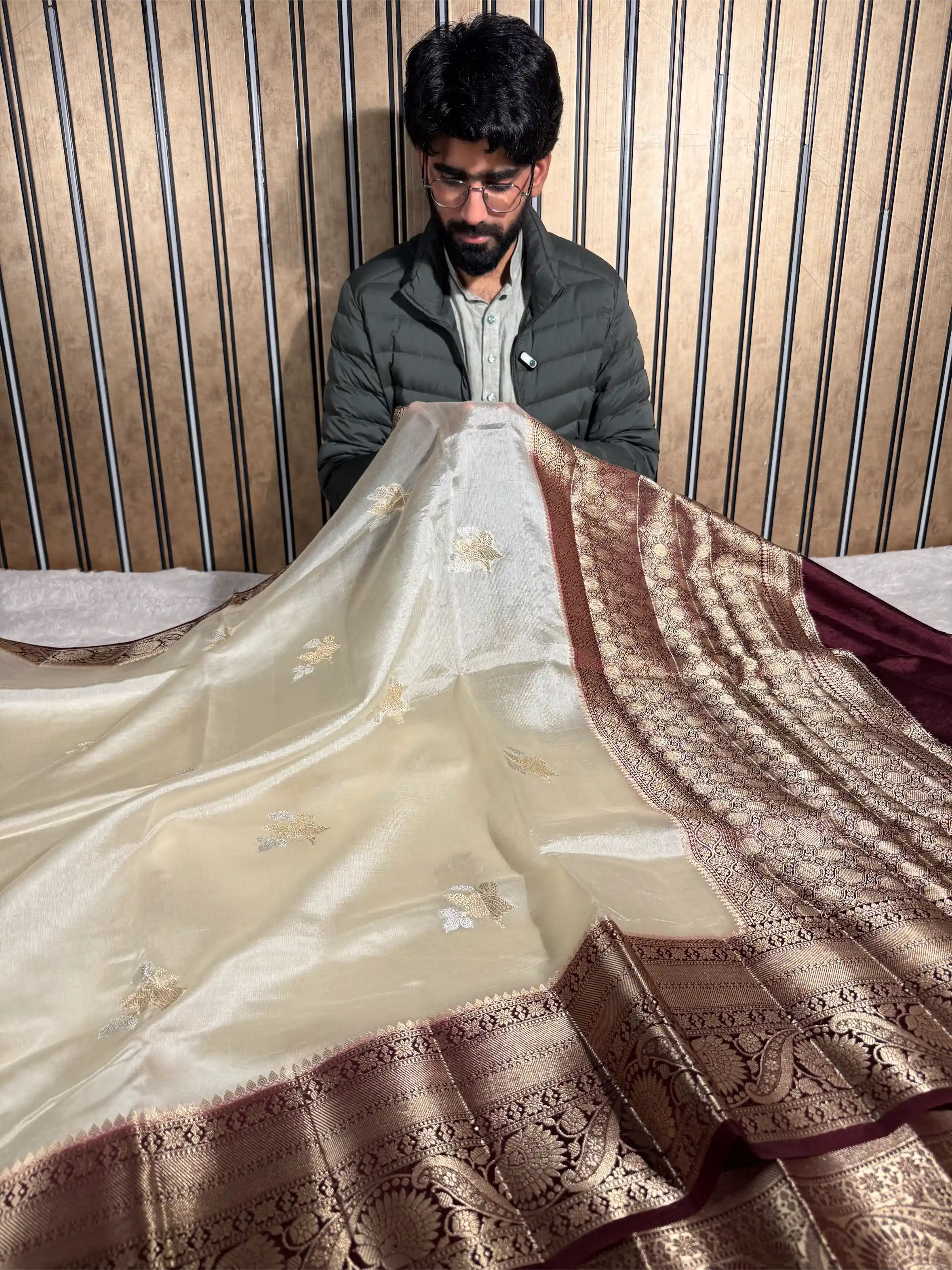 Cream Wine Mango Katan Silk Traditional Banarasi Saree