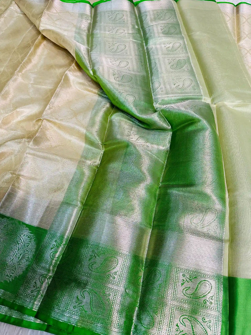 Cream Tissue Silk Embossed Banarasi Saree