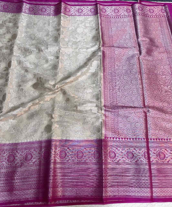 Cream Warm Silk Kota Checks Banarasi Saree