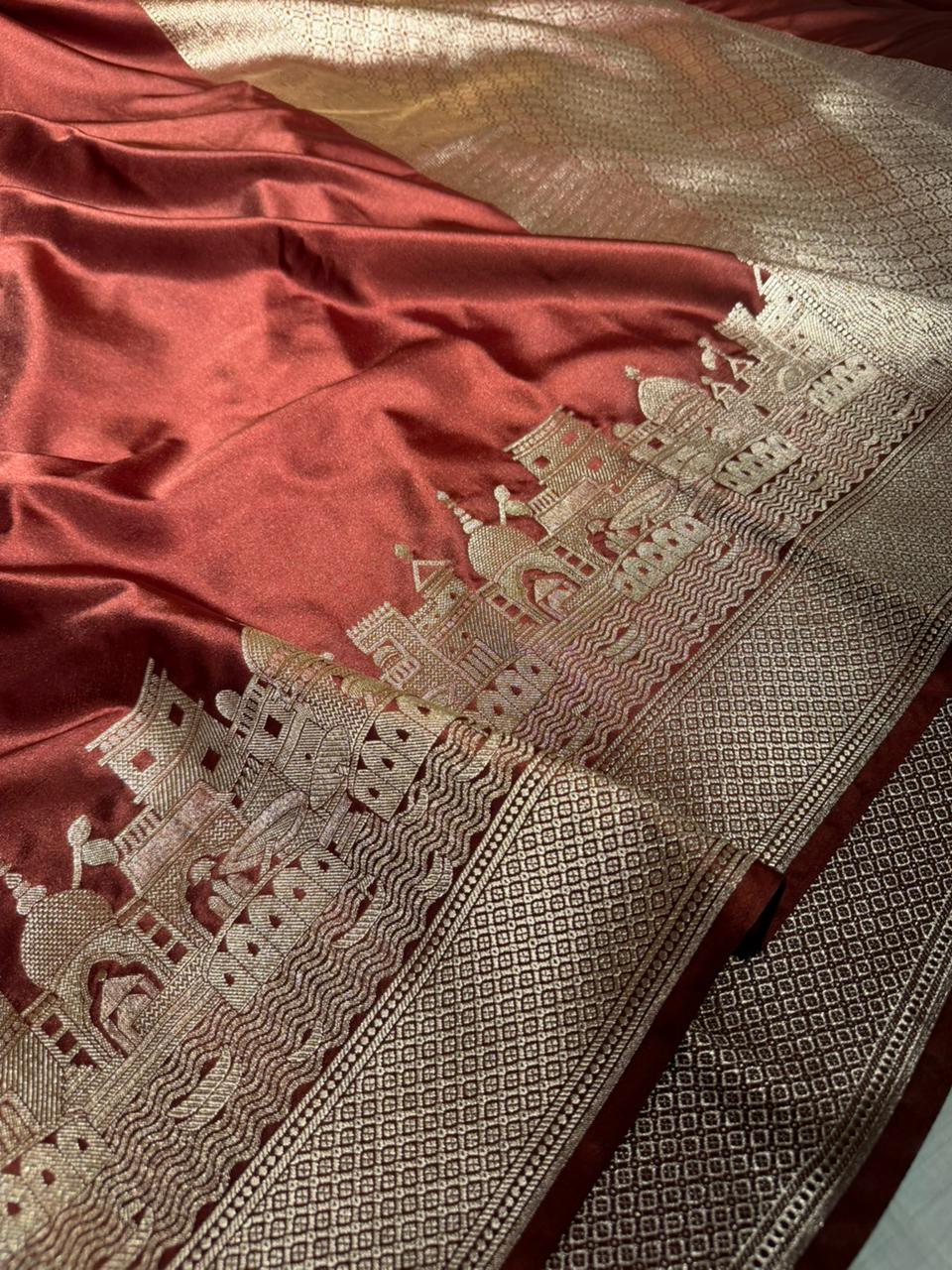 Crimson Maroon Mashru Katan Silk Ghats Banarasi Saree