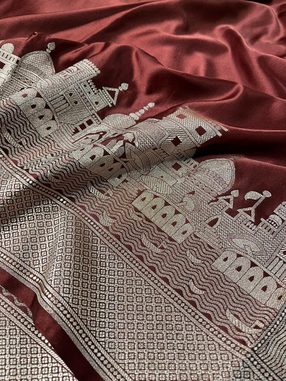 Crimson Maroon Mashru Katan Silk Ghats Banarasi Saree