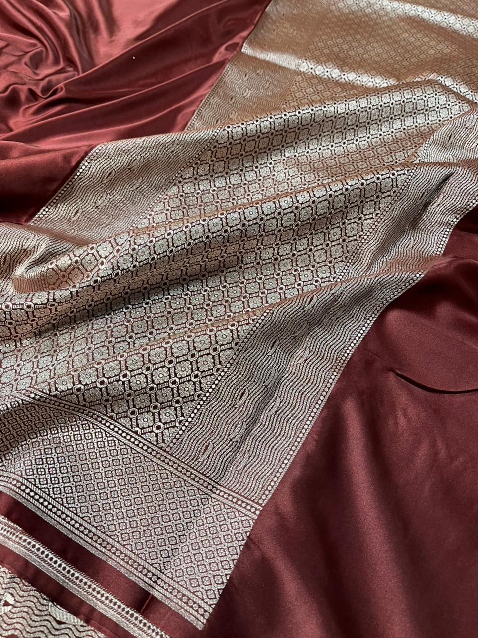Crimson Maroon Mashru Katan Silk Ghats Banarasi Saree