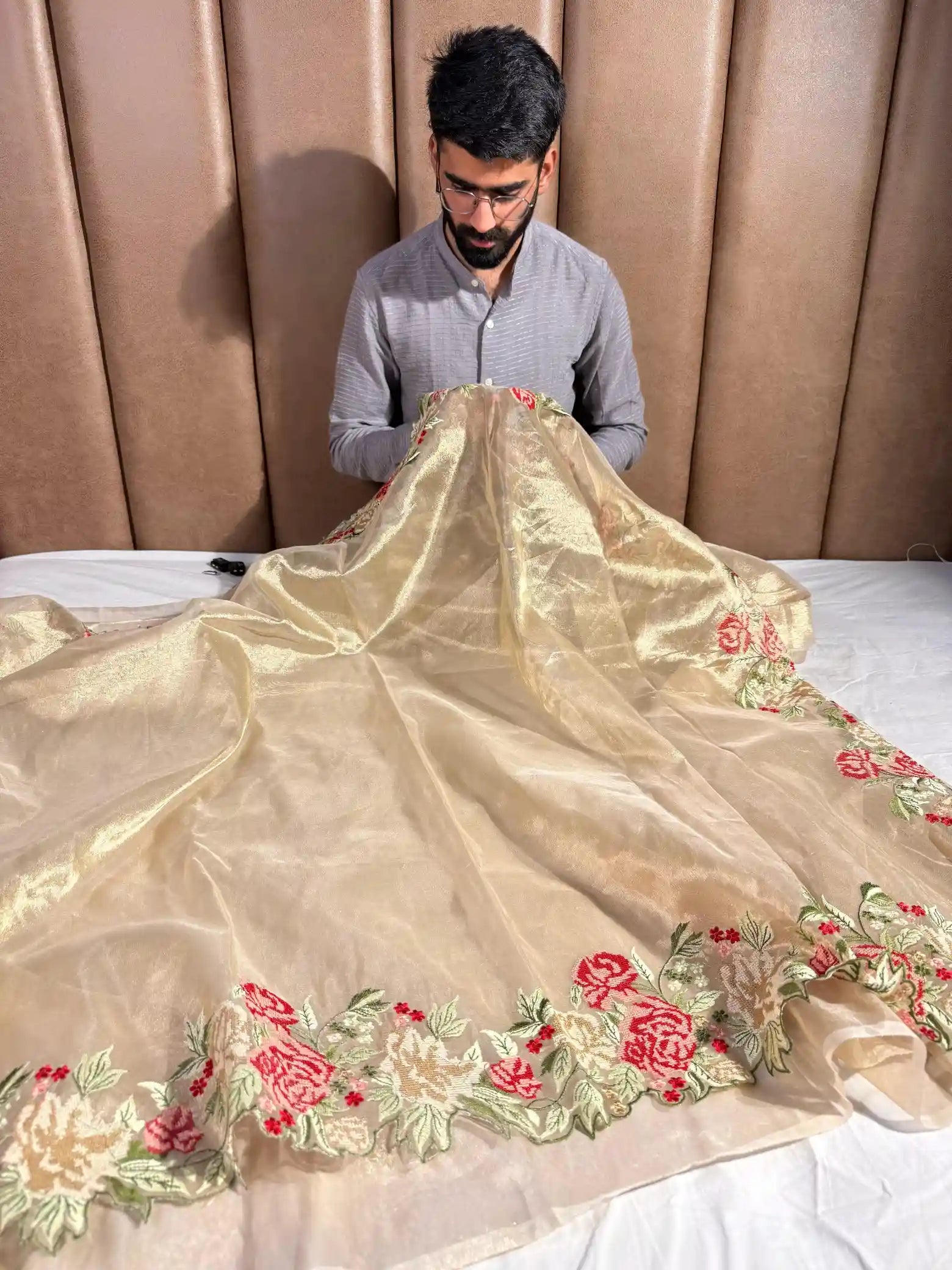 Crochet Embroidered Golden Tissue Silk Banarasi Saree