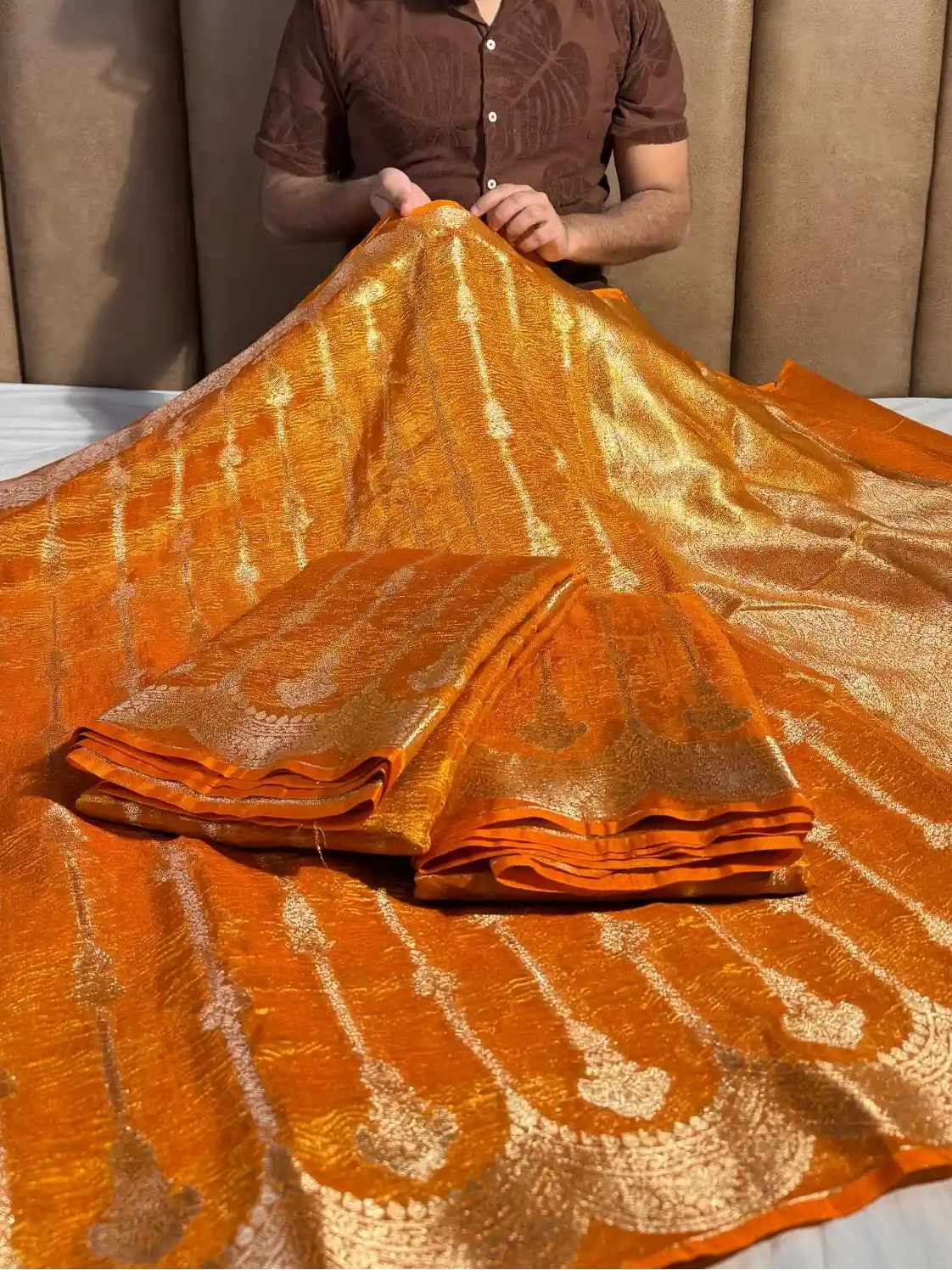 Rust Orange Crush Tissue Silk Banarasi Saree