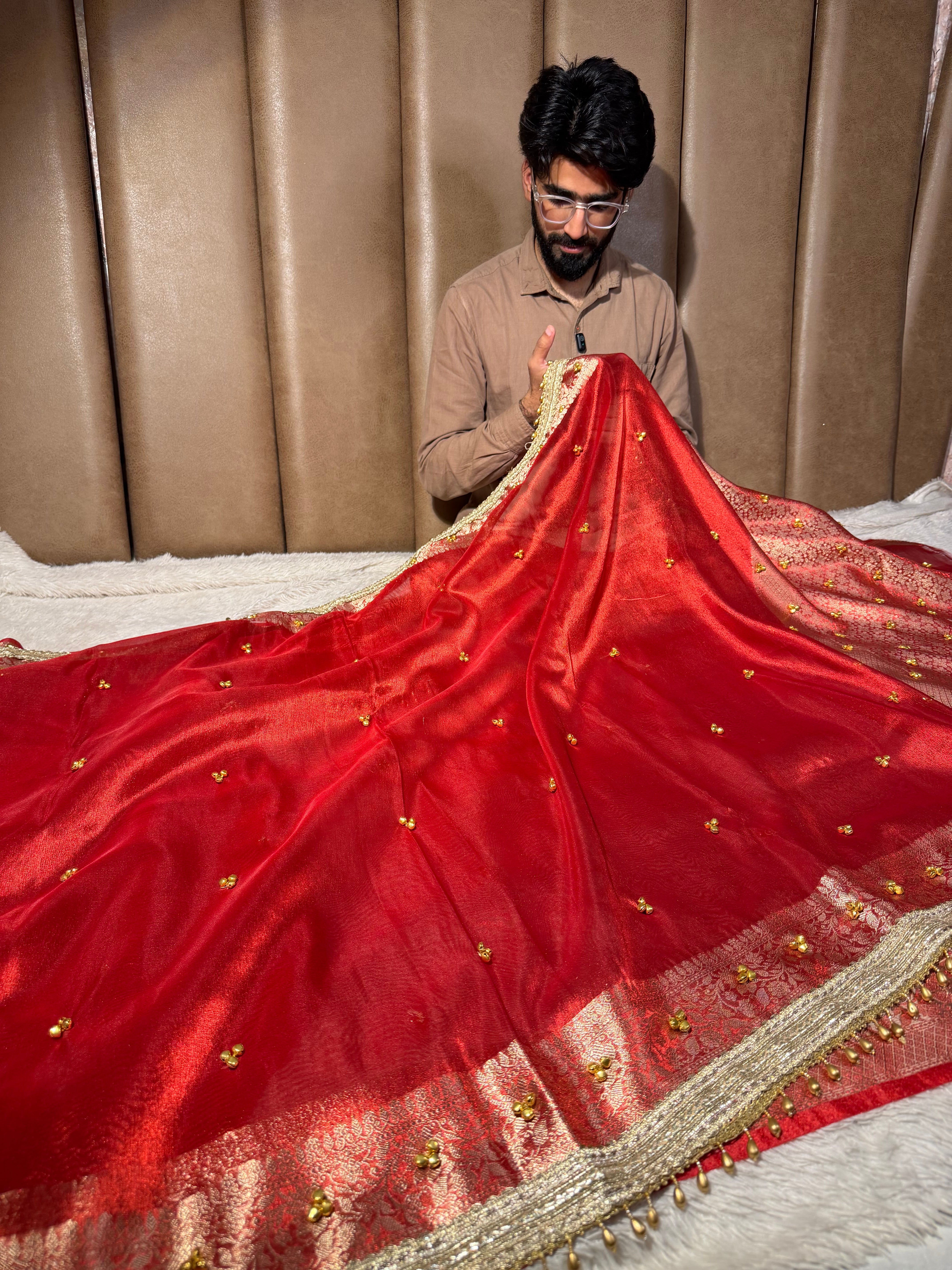 Metallic Red Kora Tissue Viral Ghungroo Saree