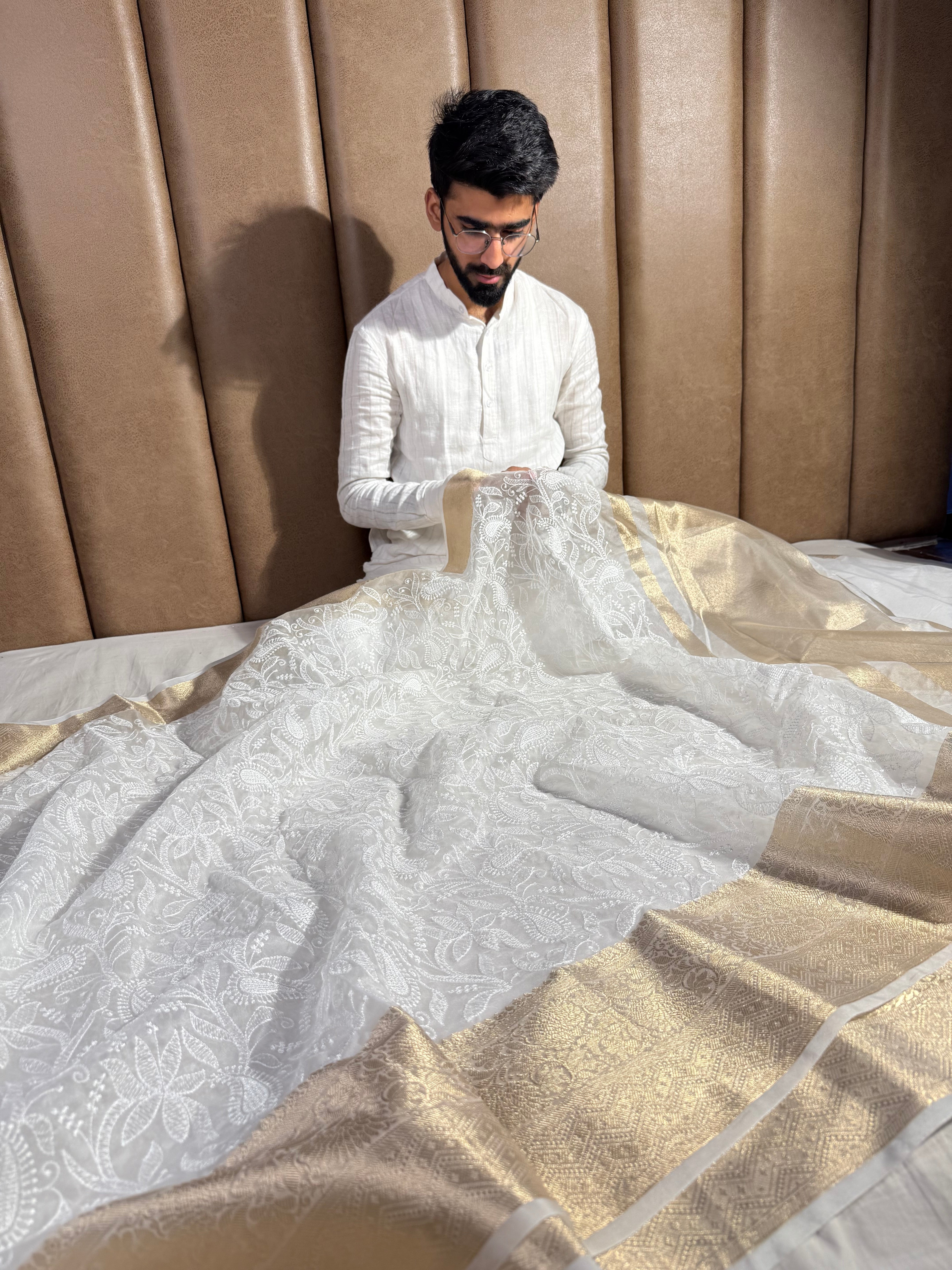 White Kora Organza Silk Chikankar Saree