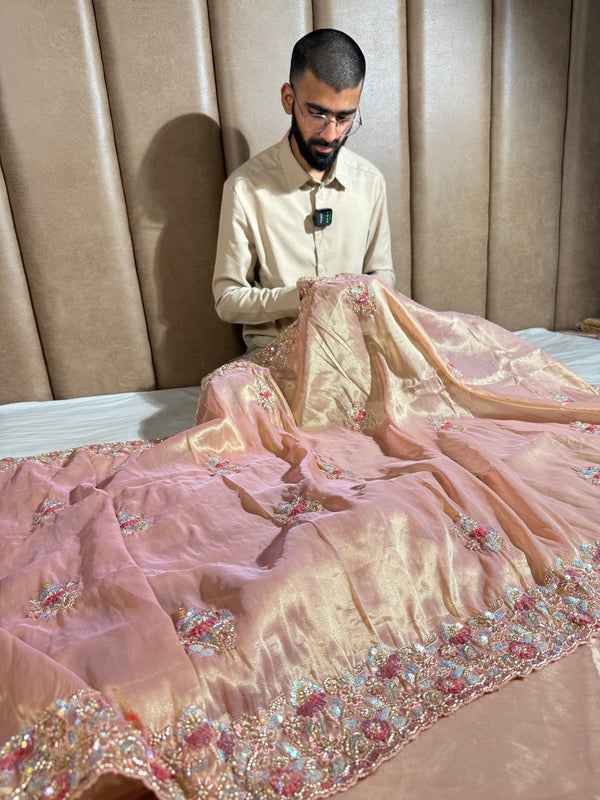 Subtle Mauve Peach Shimmery Tissue Silk Handwork Saree