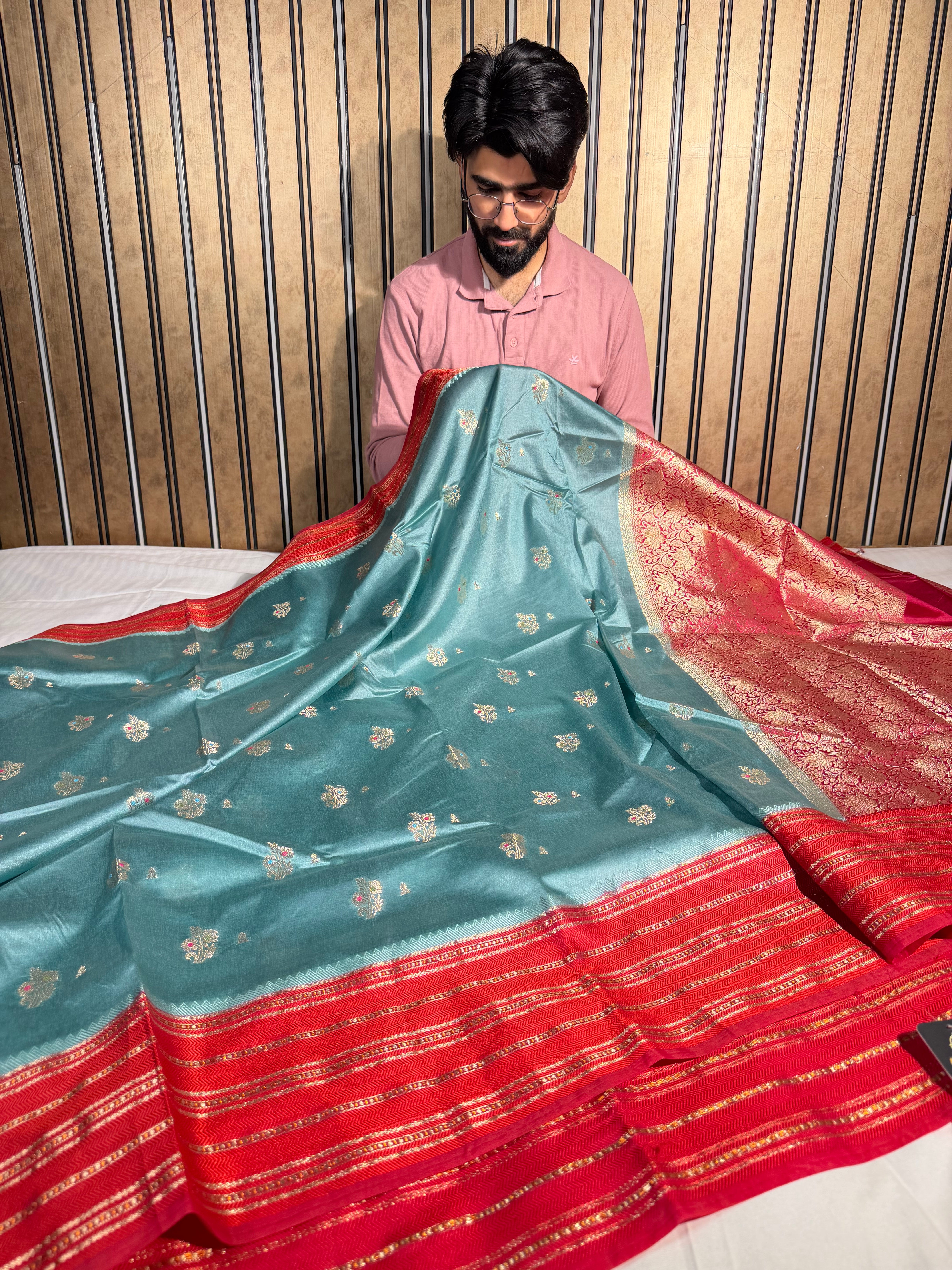 Sea Green Contrast Raw Dupion Silk Banarasi Saree