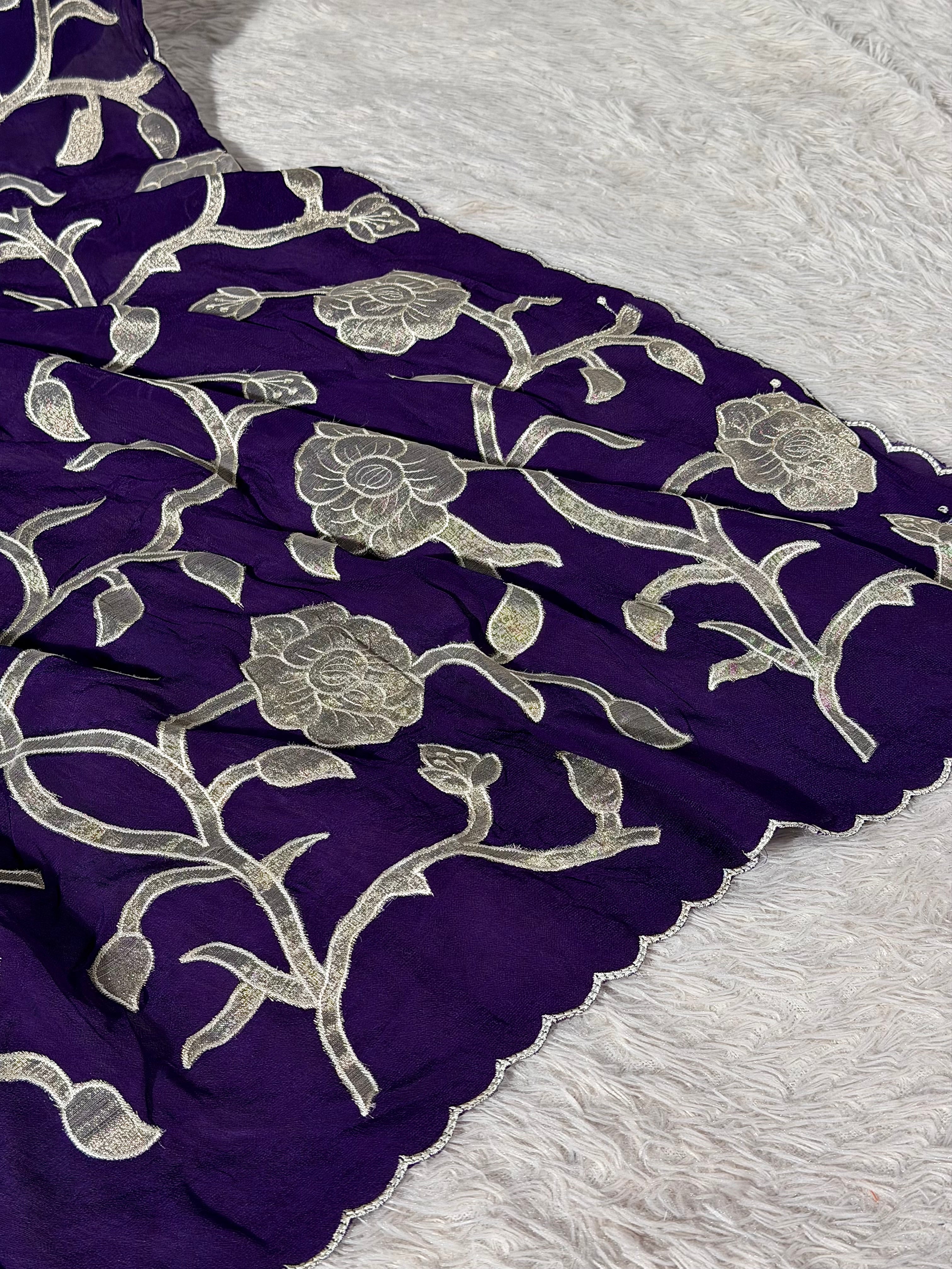 Bright Purple Khaddi Georgette Appliqué Work Saree