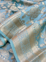 Sea Blue Pure Chiniya Silk Saree