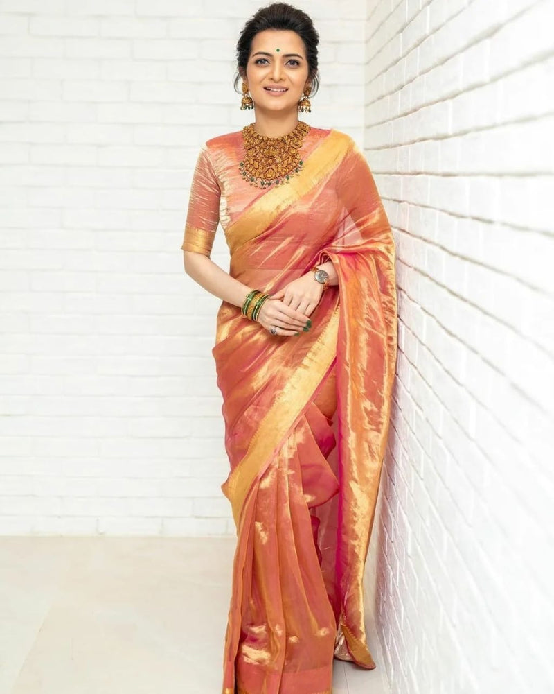 Light Orange Shade Soft Tissue Silk Saree in Golden Zari Jacquard Weave Inspired By DD Neelakantan Mam