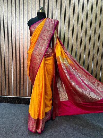 Yellow with Pink Contrast Satin Katan Silk Saree