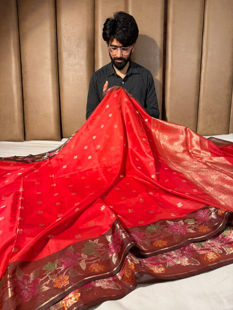 Bridal Red Floral Border Soft Banarasi Silk Saree