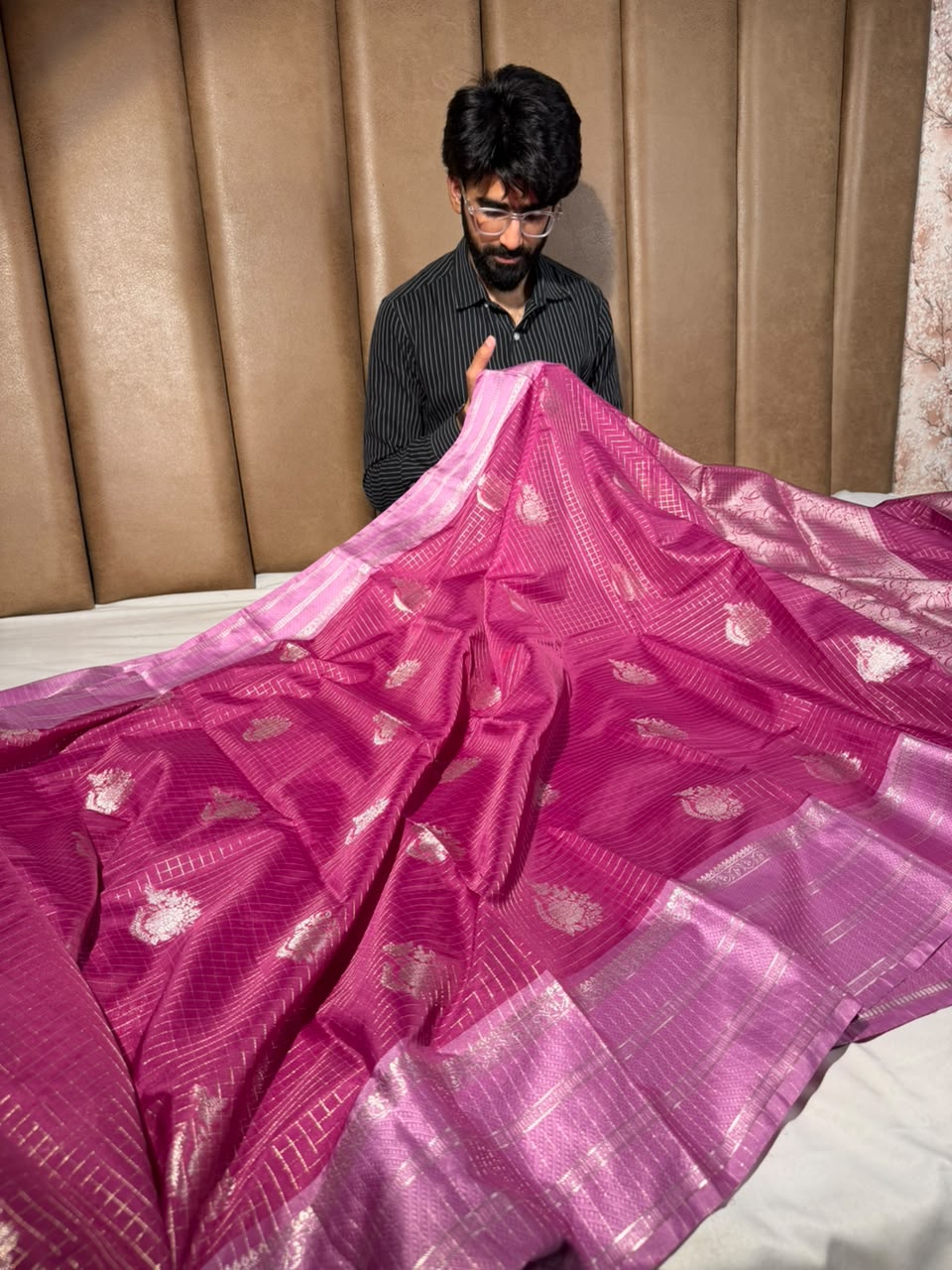 Rani Pink Checks Buta Soft Banarasi Silk Saree