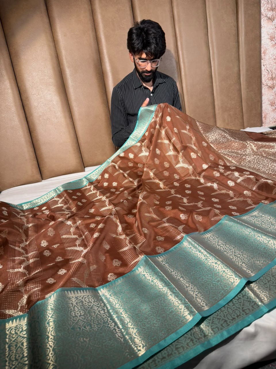 Light Brown Embossed Weave Soft Banarasi Silk Saree