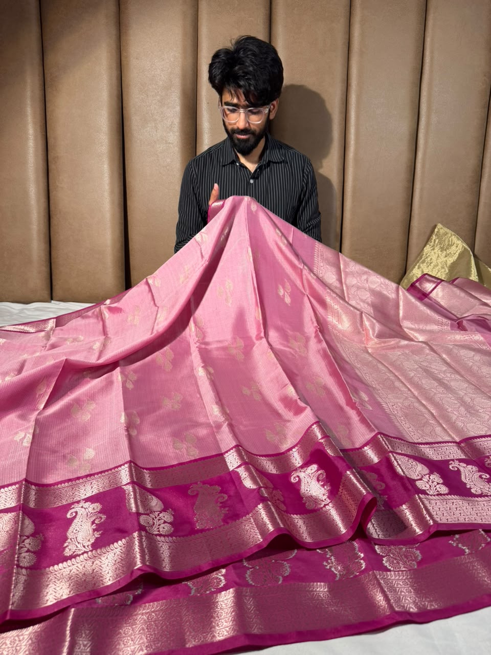 Baby Pink Zari Buta Soft Banarasi Silk Saree