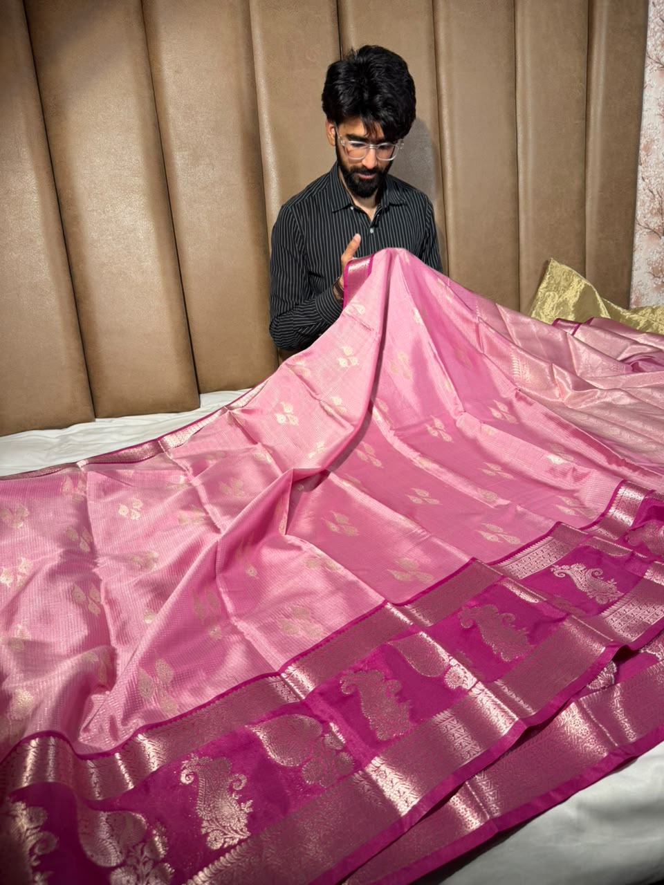 Baby Pink Zari Buta Soft Banarasi Silk Saree