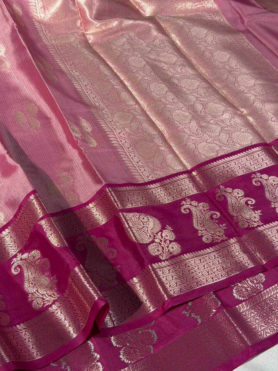 Baby Pink Zari Buta Soft Banarasi Silk Saree