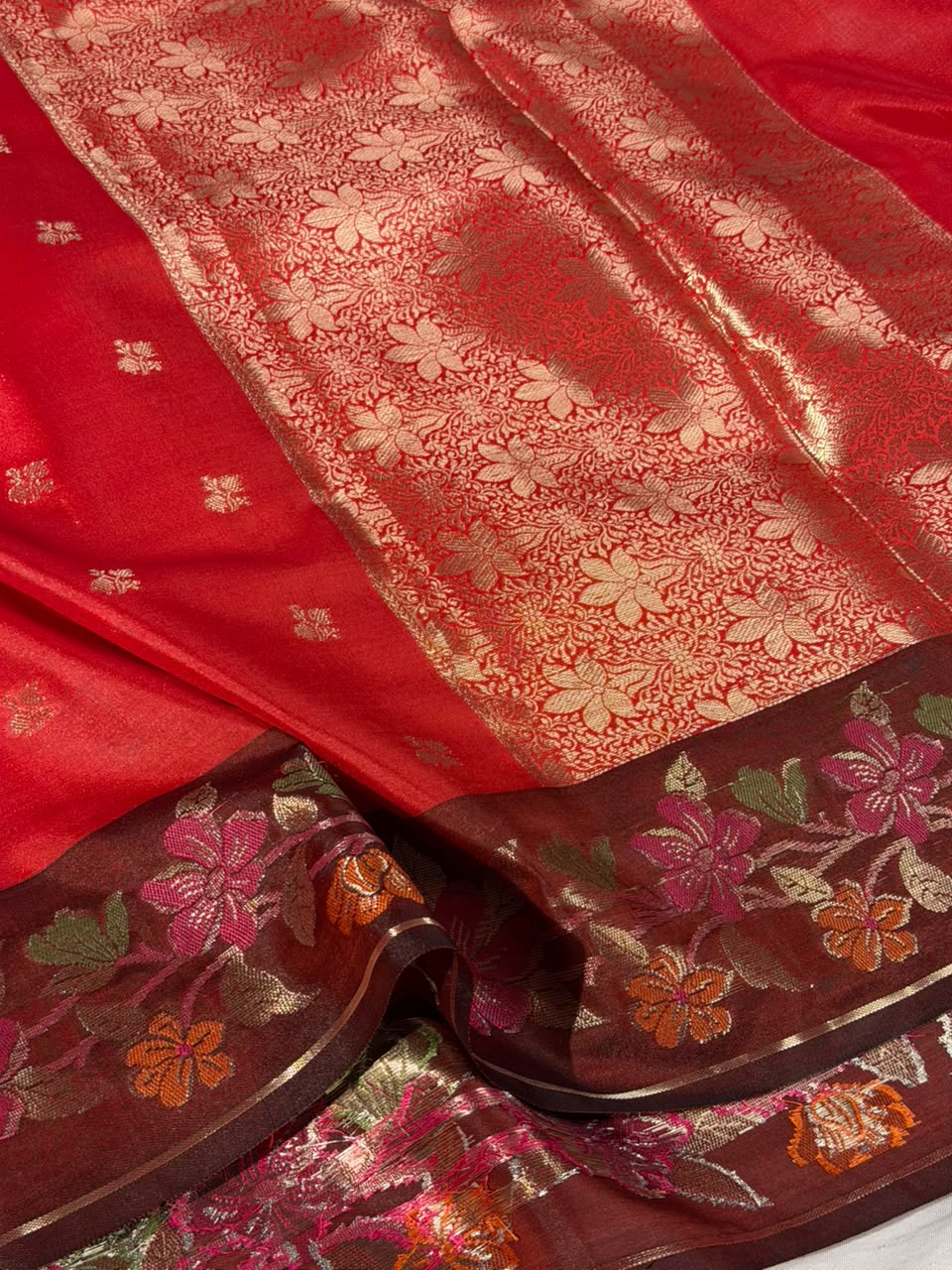 Bridal Red Floral Border Soft Banarasi Silk Saree