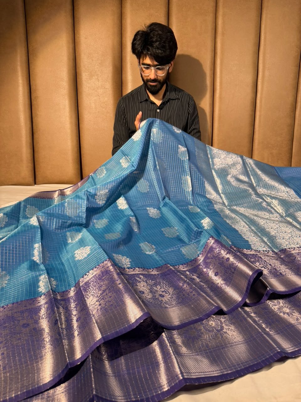 Light Blue Checks Buta Soft Banarasi Silk Saree
