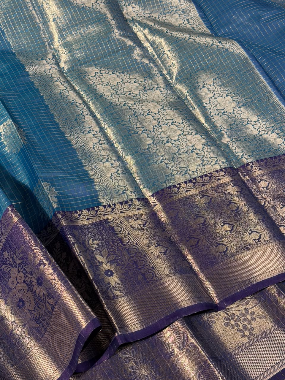 Light Blue Checks Buta Soft Banarasi Silk Saree