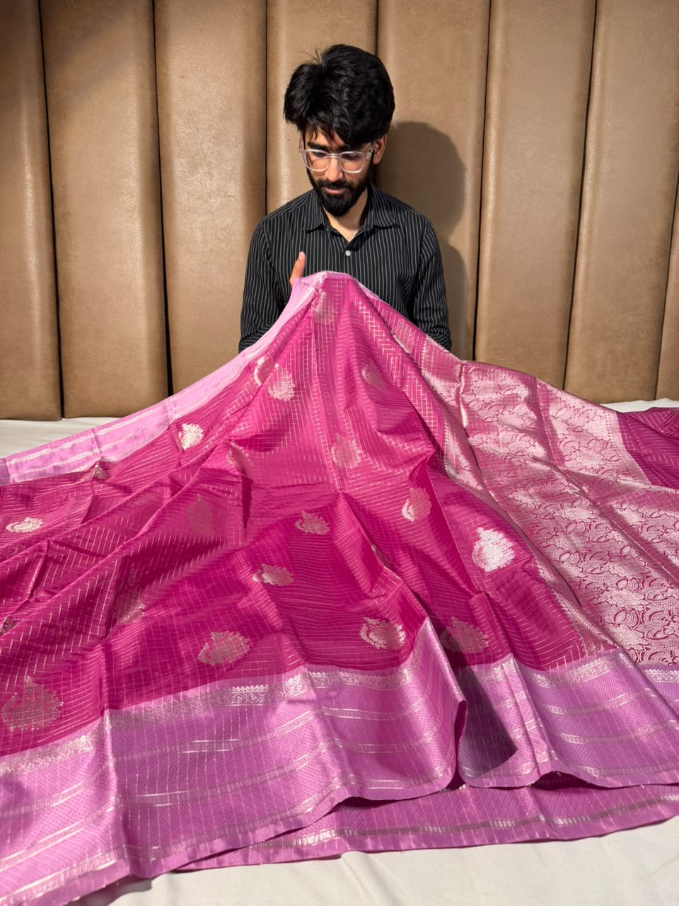 Rani Pink Checks Buta Soft Banarasi Silk Saree