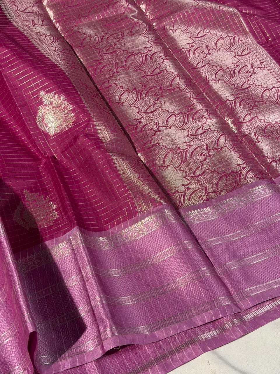 Rani Pink Checks Buta Soft Banarasi Silk Saree