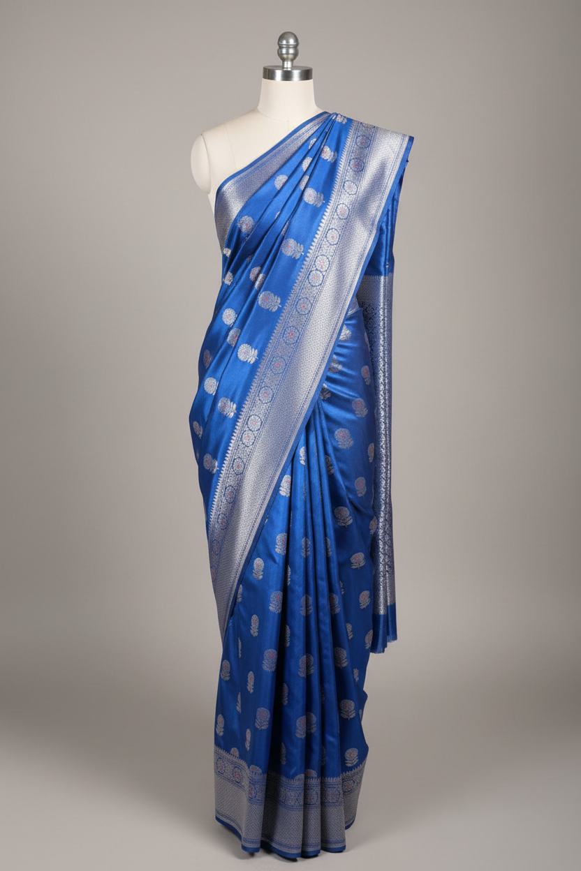 Dark Blue Mashru Katan Silk Meenakari Banarasi Saree