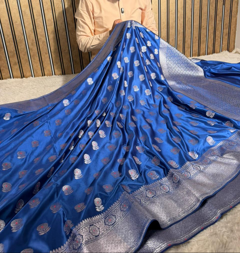 Dark Blue Mashru Katan Silk Meenakari Banarasi Saree