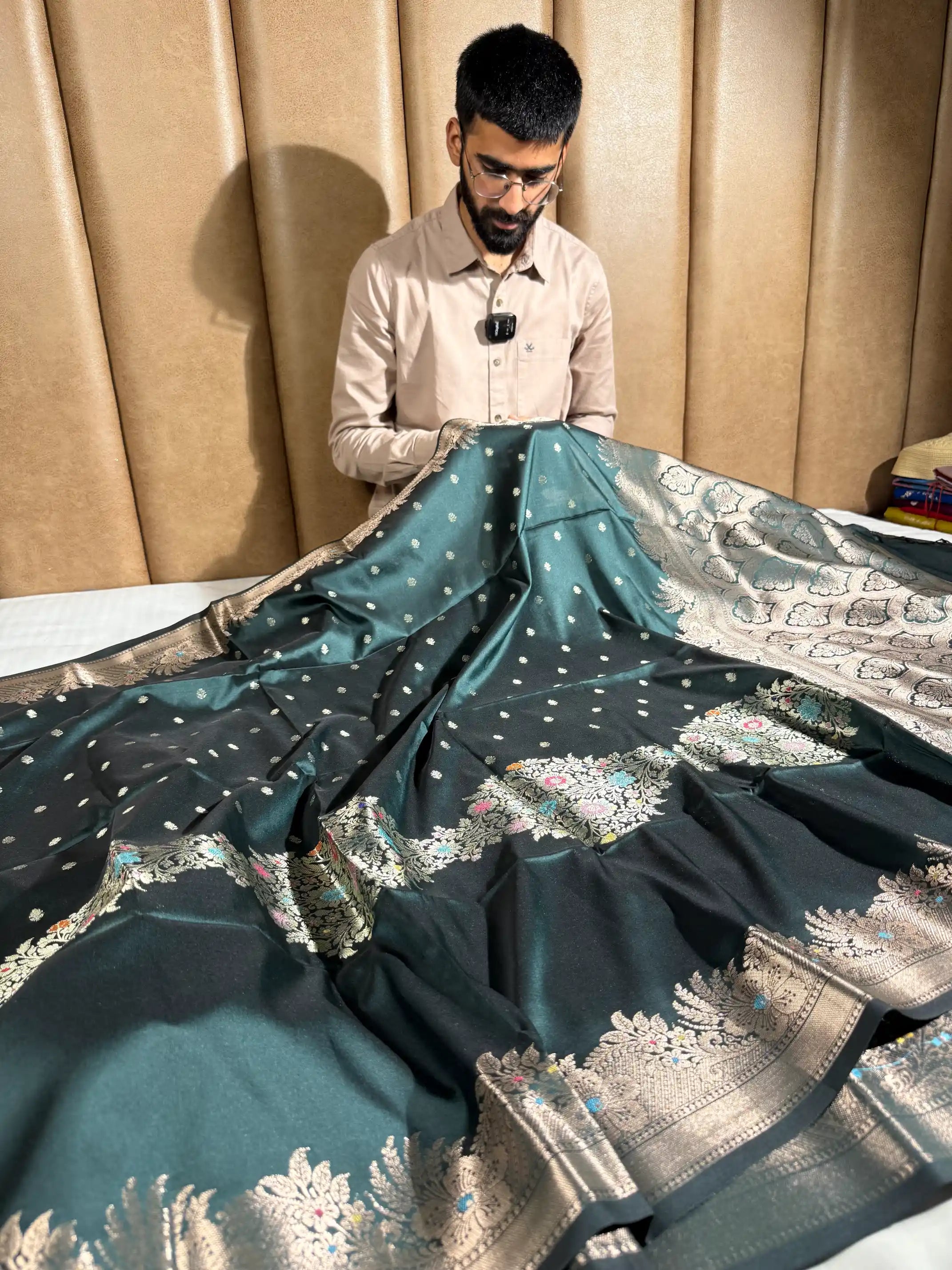 Dark Bottle Green Semi Katan Silk Floral Meenakari Banarasi Saree