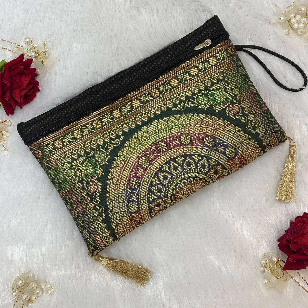 Dark Bottle Green Shade Handmade Banarasi Women Wallet