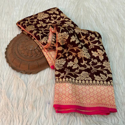 Dark Brown Pure Khaddi Georgette Floral Jaal Banarasi Saree