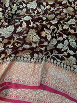 Dark Brown Pure Khaddi Georgette Floral Jaal Banarasi Saree